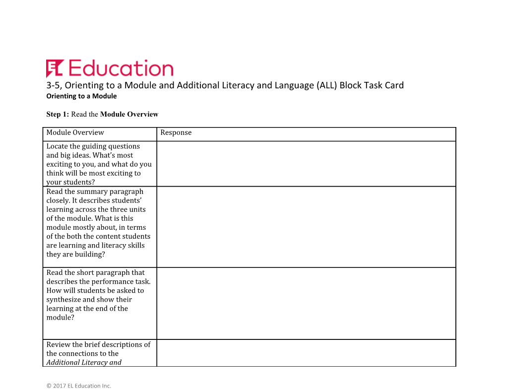 3-5, Orienting to a Module and Additional Literacy and Language (ALL) Block Task Card