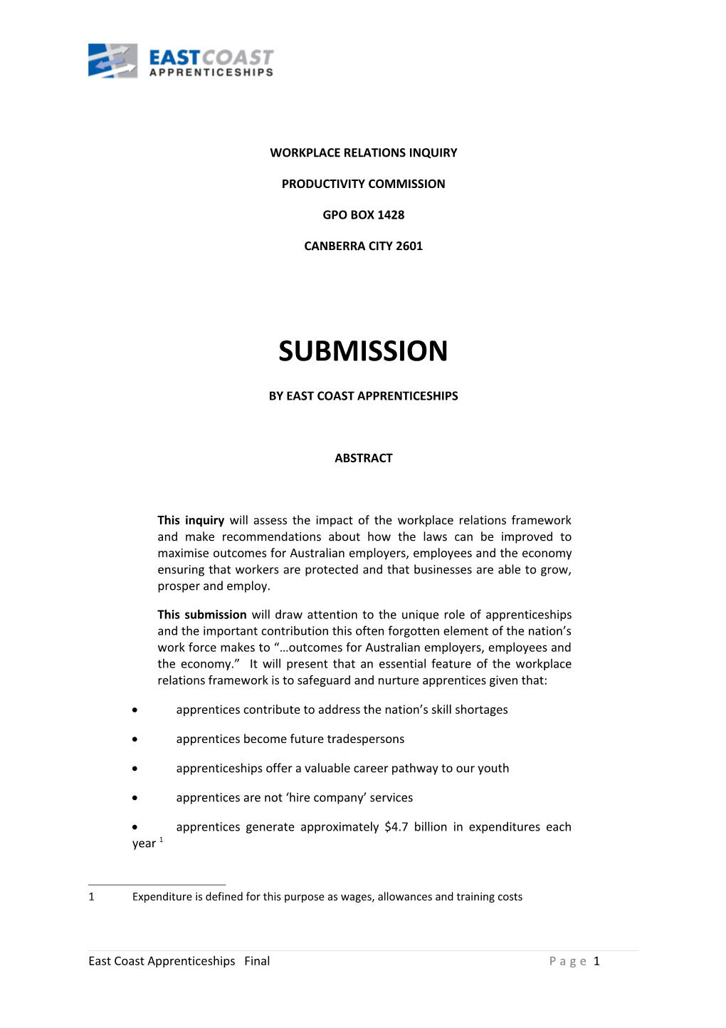 Submission 27 - East Coast Apprenticeships - Workplace Relations Framework - Public Inquiry