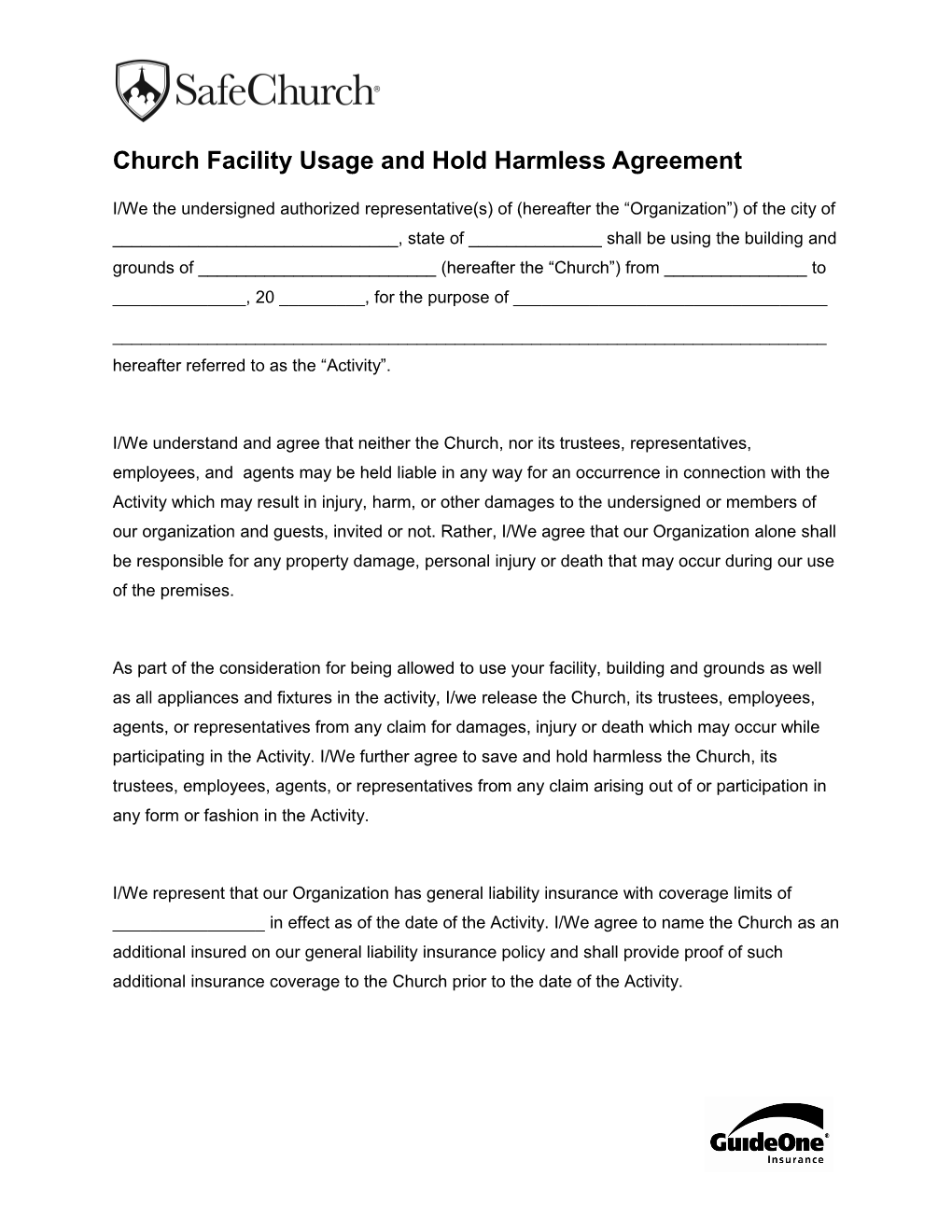 Church Usage and Hold Harmless Agreement (Fill in Form)