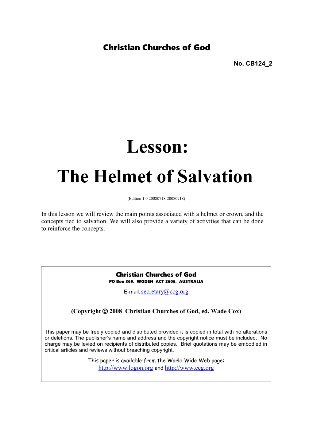 Lesson: the Helmet of Salvation (No. CB124 2)