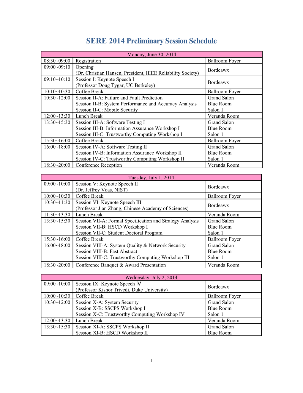 SERE 2013 Preliminary Program