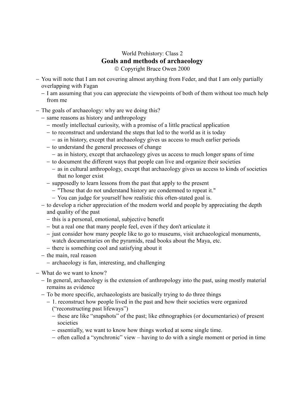 World Prehistory S 2000 / Owen: Goals and Methods of Archaeology P. 1