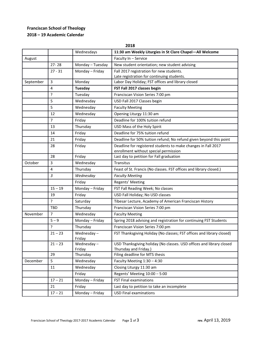 Franciscan School of Theology 2018 19Academic Calendar