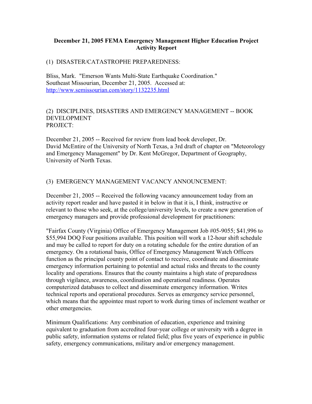 December 21, 2005 FEMA Emergency Management Higher Education Project Activity Report