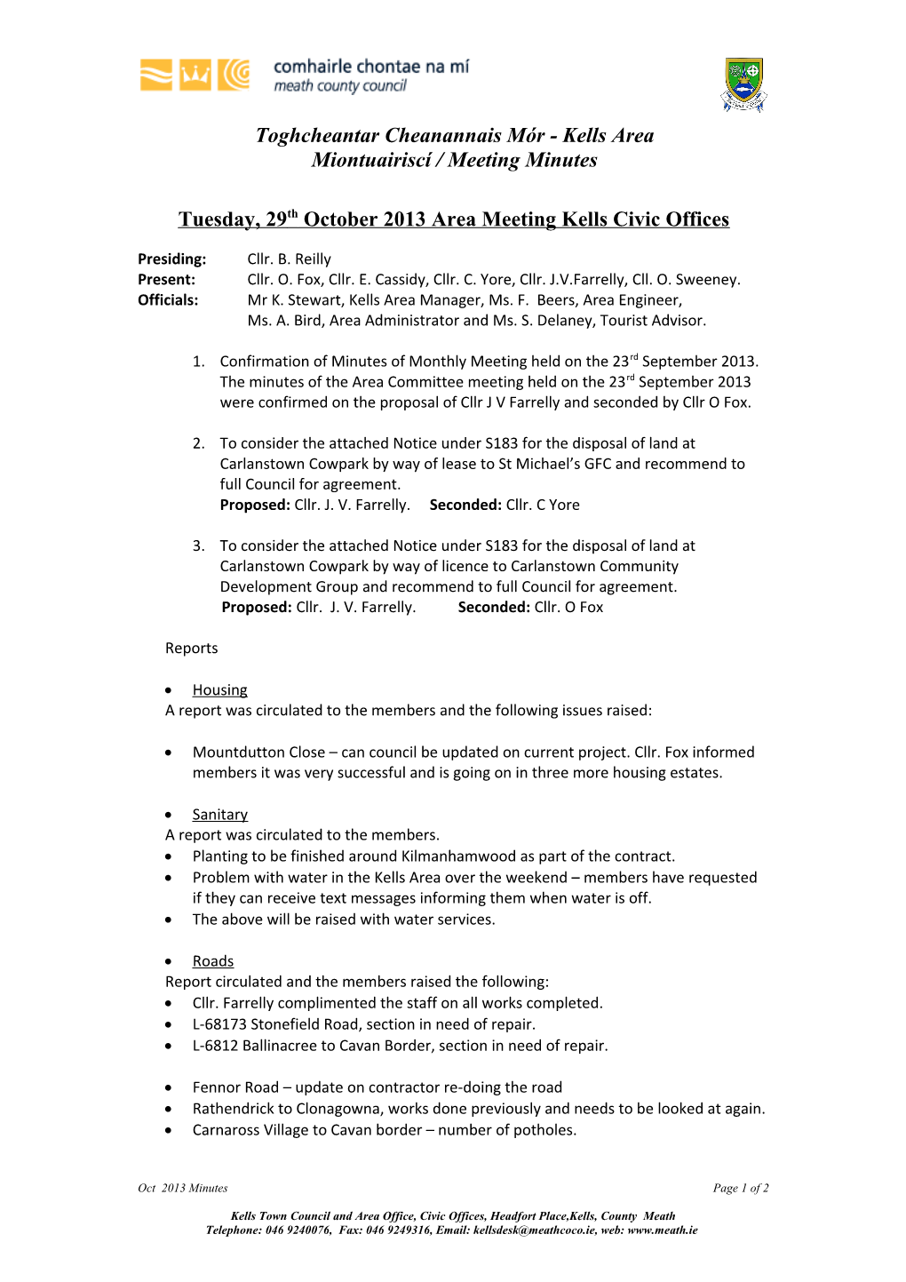 Tuesday, 29Th October 2013 Area Meeting Kells Civic Offices