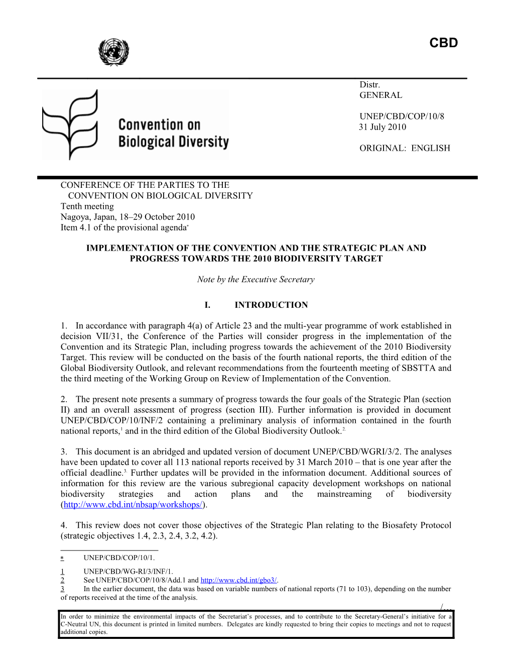 Implementation of the Convention and the Strategic Plan and Progress Towards the 2010