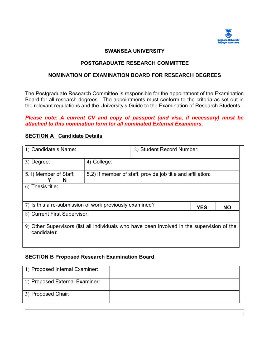 Nomination of External Examiner PGR