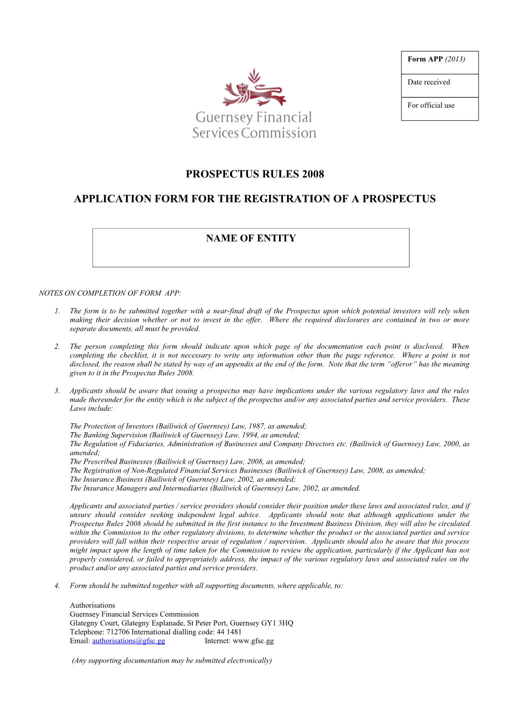 Application Form for the Registration of a Prospectus