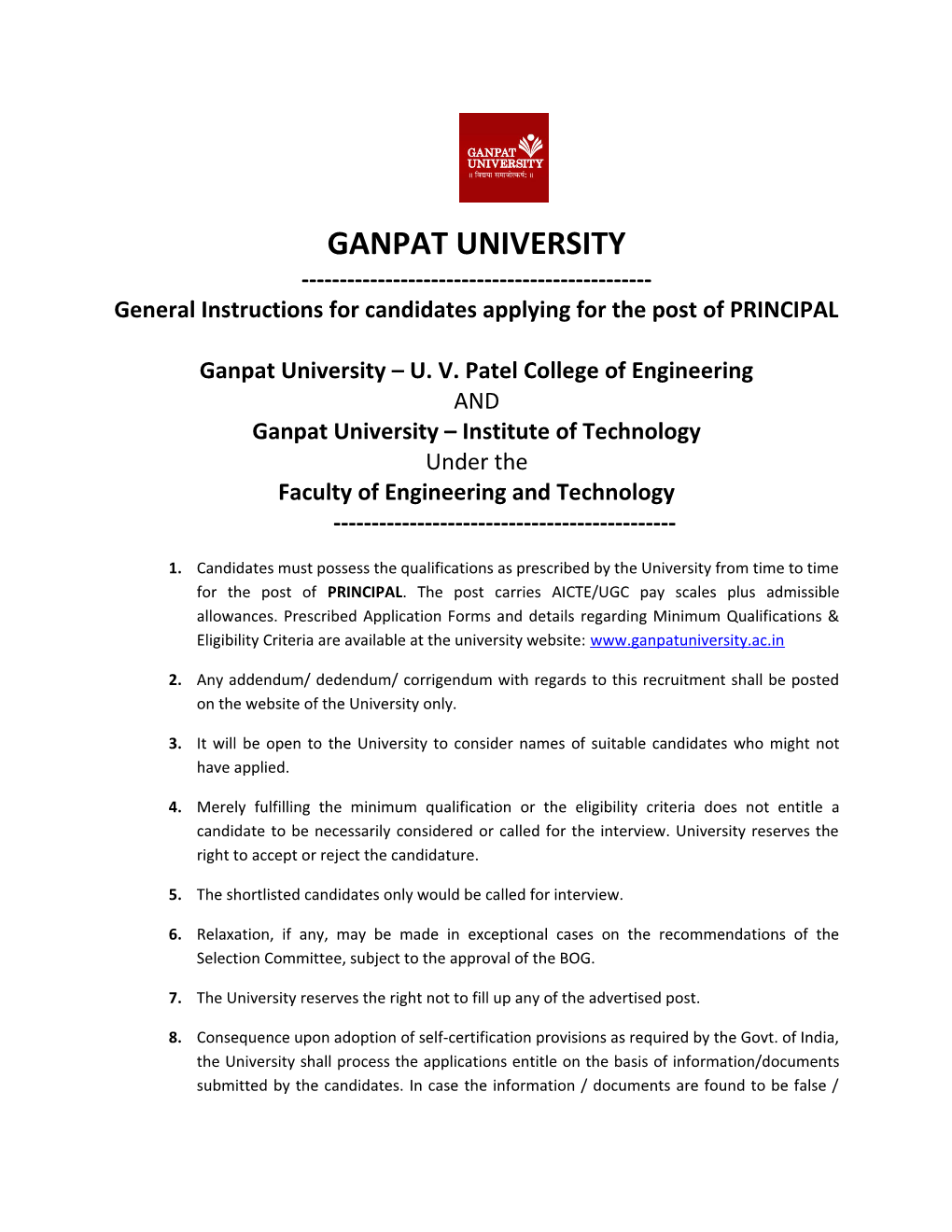 General Instructions for Candidates Applying for the Post of PRINCIPAL