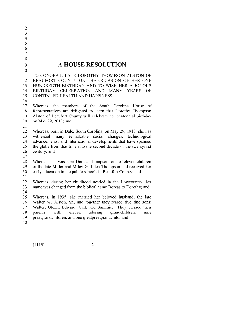 2013-2014 Bill 4119: Dorothy Thompson Alston - South Carolina Legislature Online