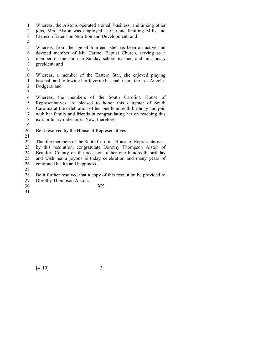 2013-2014 Bill 4119: Dorothy Thompson Alston - South Carolina Legislature Online