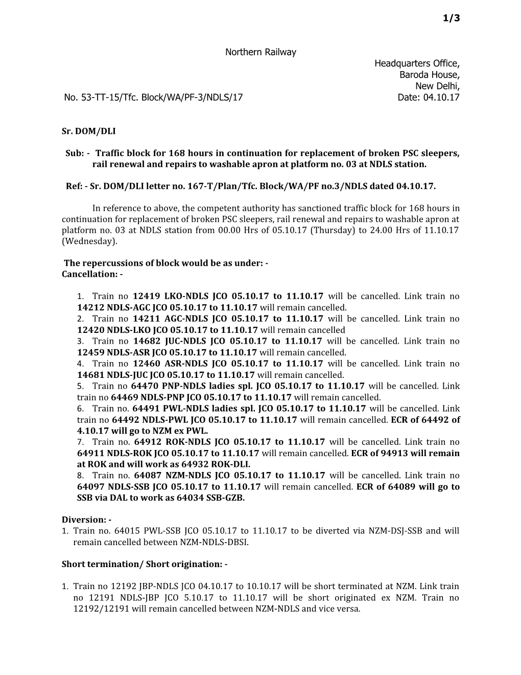 No. 53-TT-15/Tfc. Block/WA/PF-3/NDLS/17 Date: 04.10.17