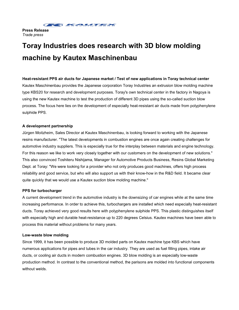 Toray Industries Does Research with 3D Blow Molding Machine by Kautex Maschinenbau