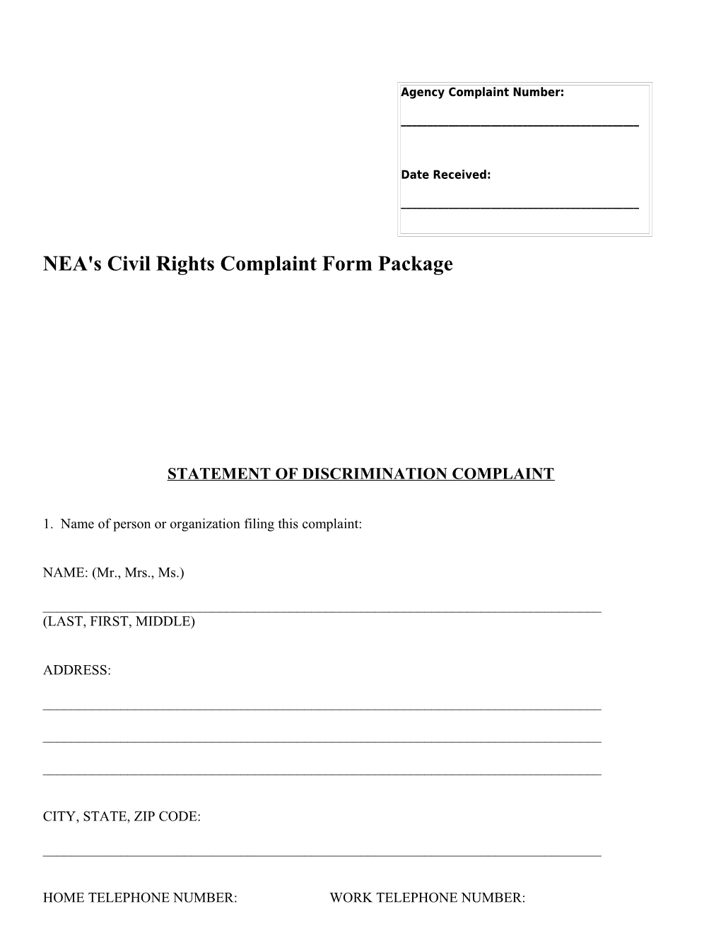 NEA's Civil Rights Complaint Form Package