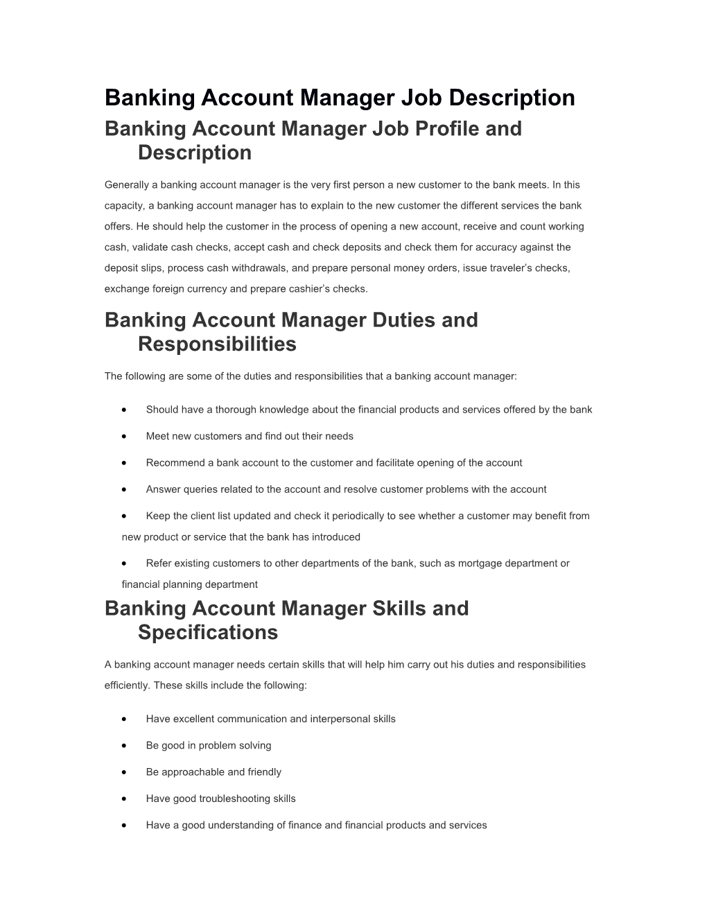 Banking Account Manager Job Description