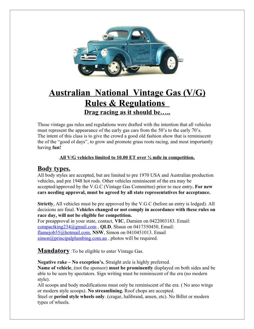 Australian National Vintage Gas (V/G) Rules & Regulations