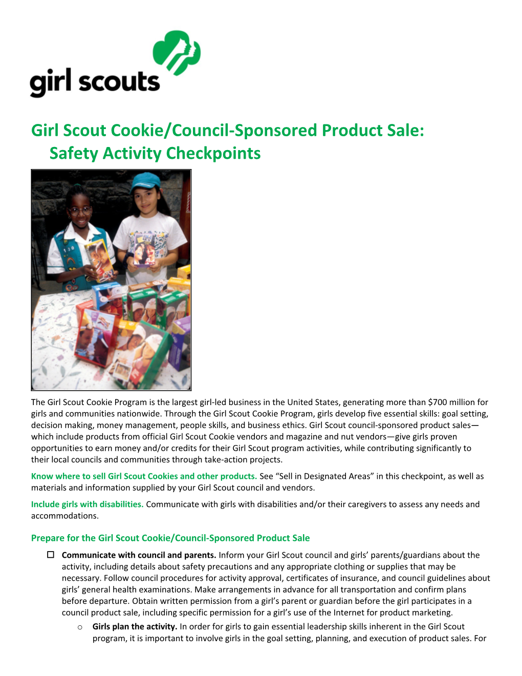 Girl Scout Cookie/Council-Sponsored Product Sale:Safety Activity Checkpoints