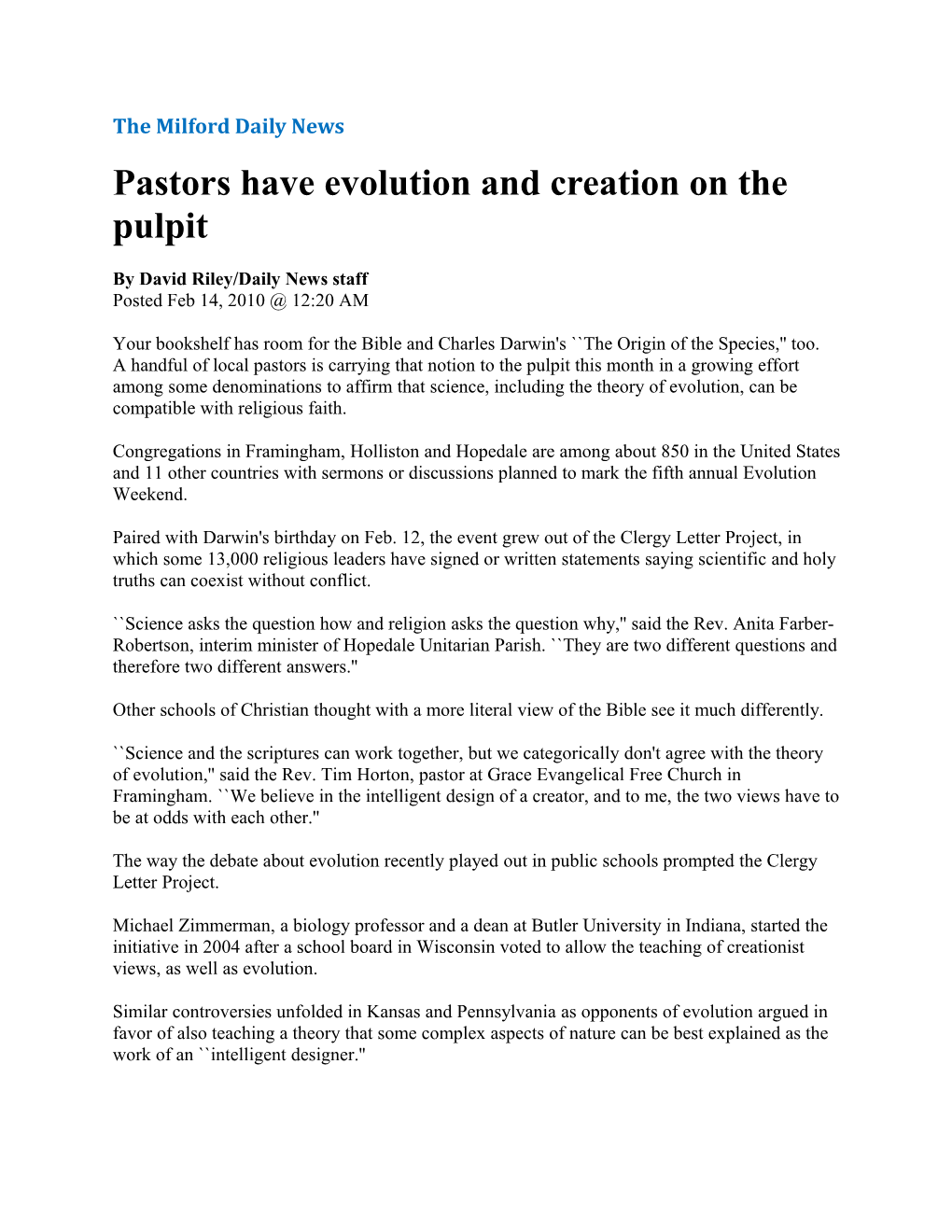 Pastors Have Evolution and Creation on the Pulpit