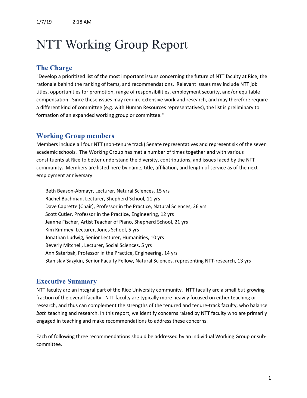 NTT Working Group (Draft) Report