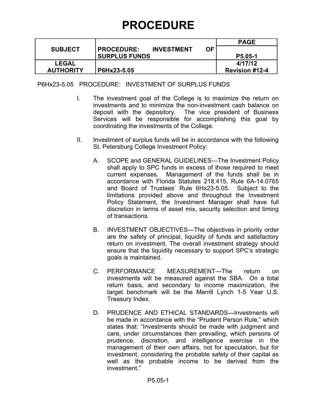 P6hx23-5.05PROCEDURE:INVESTMENT of SURPLUS FUNDS