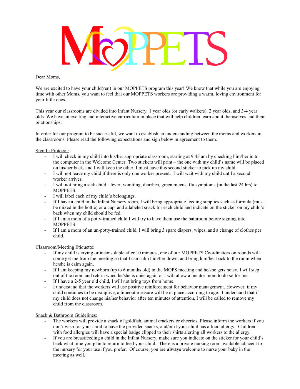 MOPPETS Contract with Parents