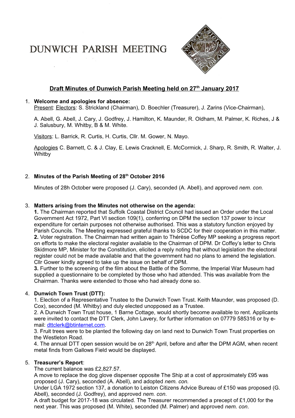 Draft Minutes of Dunwich Parish Meeting Held on 27Thjanuary 2017