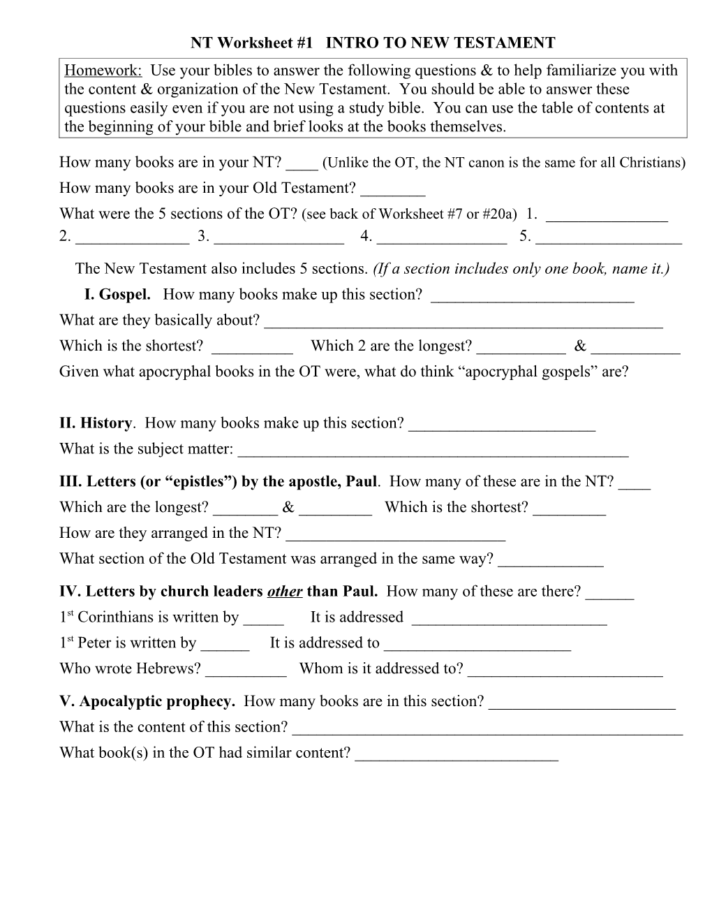 NT Worksheet #1 INTRO to NEW TESTAMENT