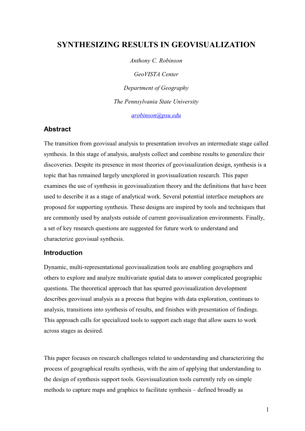 Synthesizing Results in Geovisualization