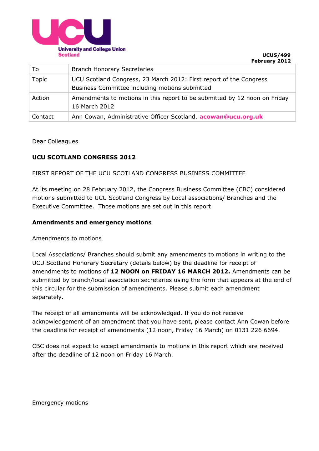 First Report of the Ucu Scotlandcongress Business Committee