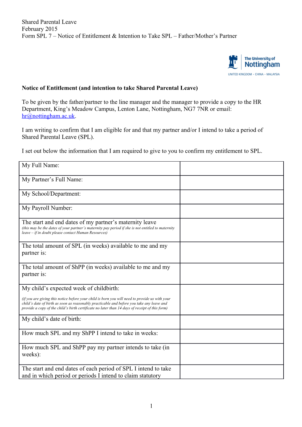 Notice of Entitlement (And Intention to Take Shared Parental Leave)