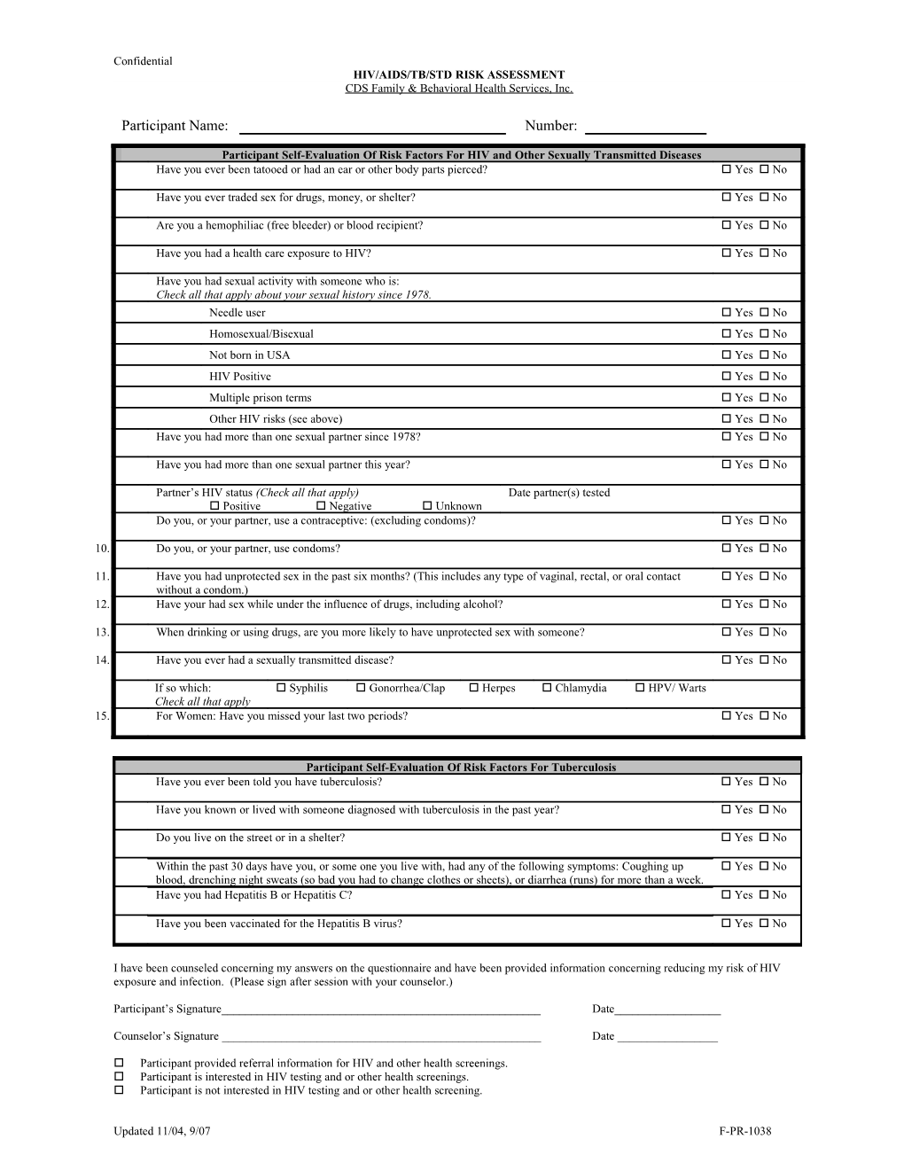 Hiv/Aids/Tb/Std Risk Assessment