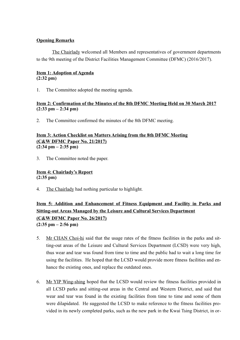 Minutes of the 9Th Meeting of District Facilities Management Committee (2016-17) Central