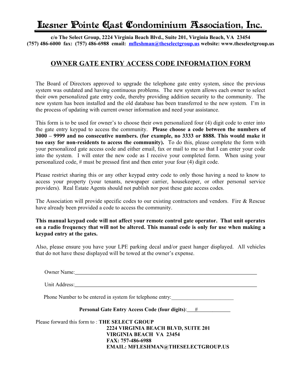 Owner Gate Entry Access Code Information Form