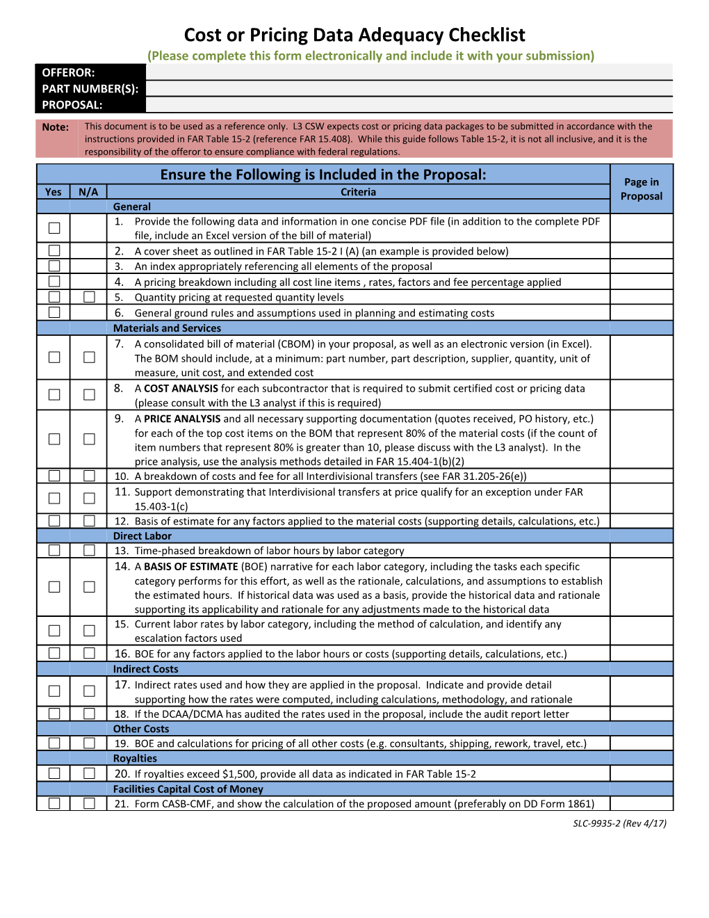 Elements of a Cost Or Pricing Data Package Checklist (Continued)