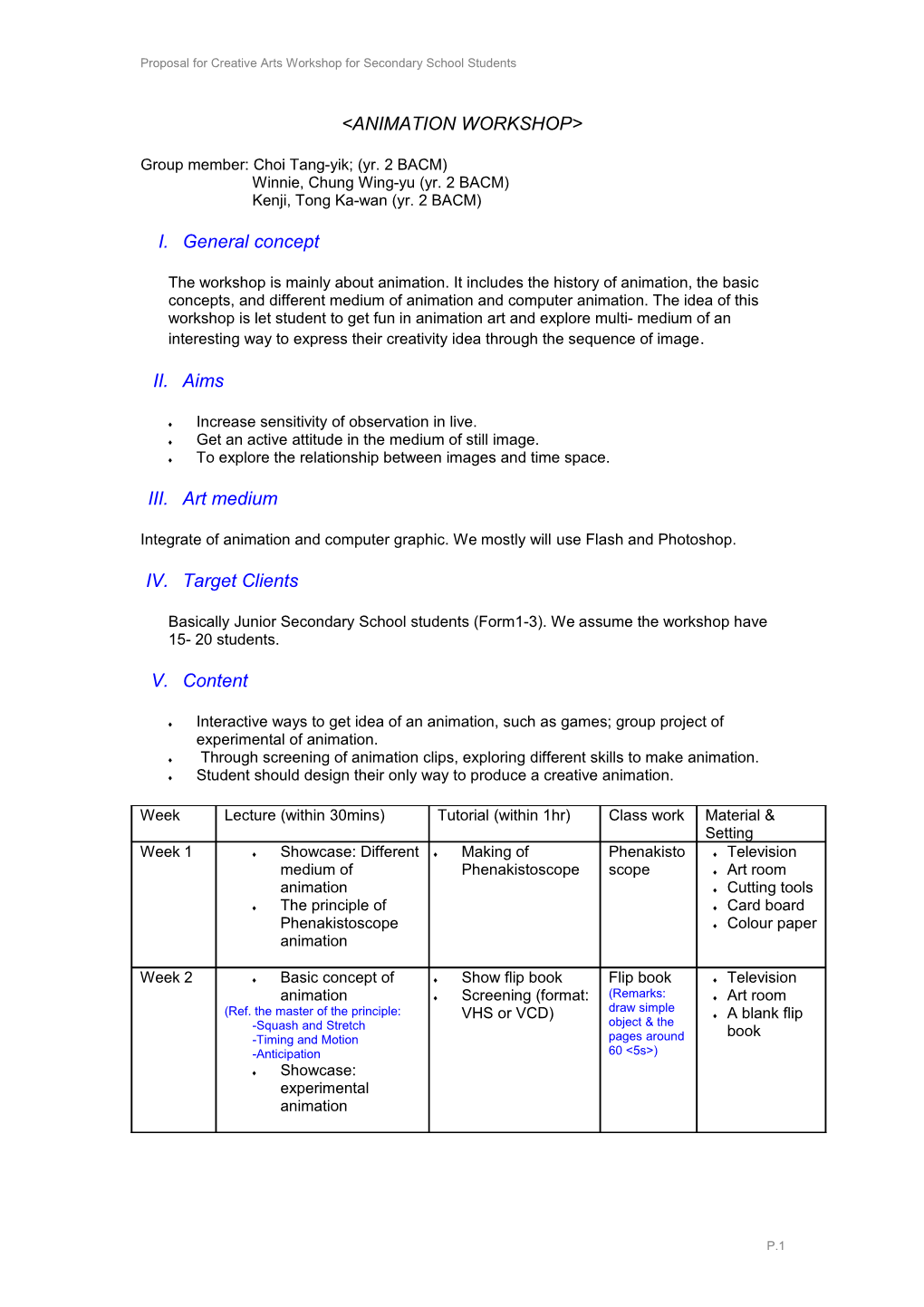 Proposal for Creative Arts Workshop for Secondary School Students