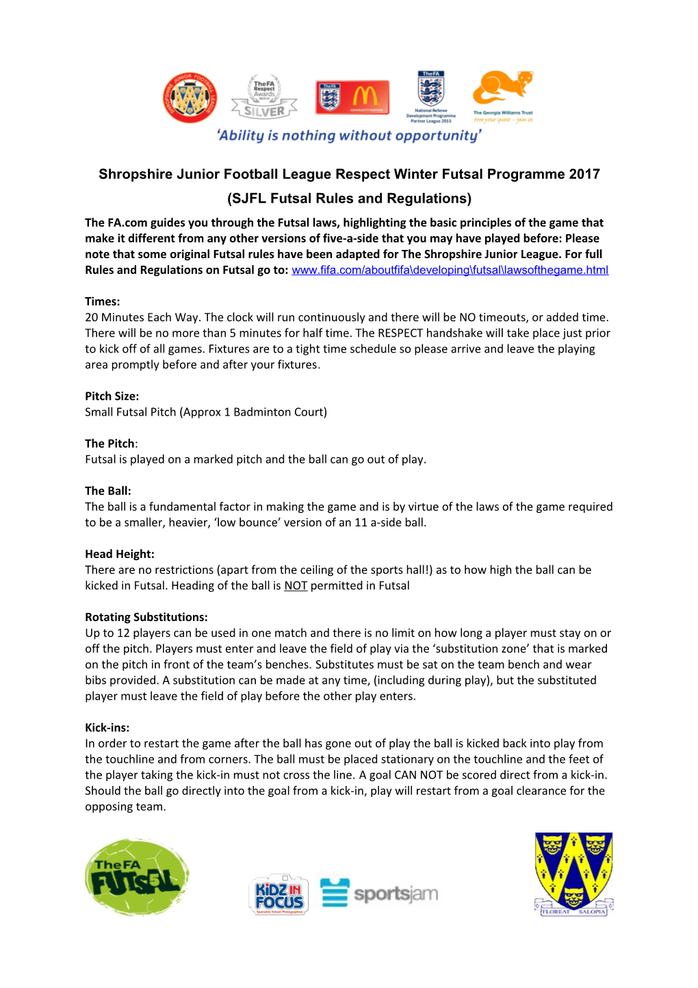 Shropshire Junior Football League Respect Winter Futsal Programme 2017