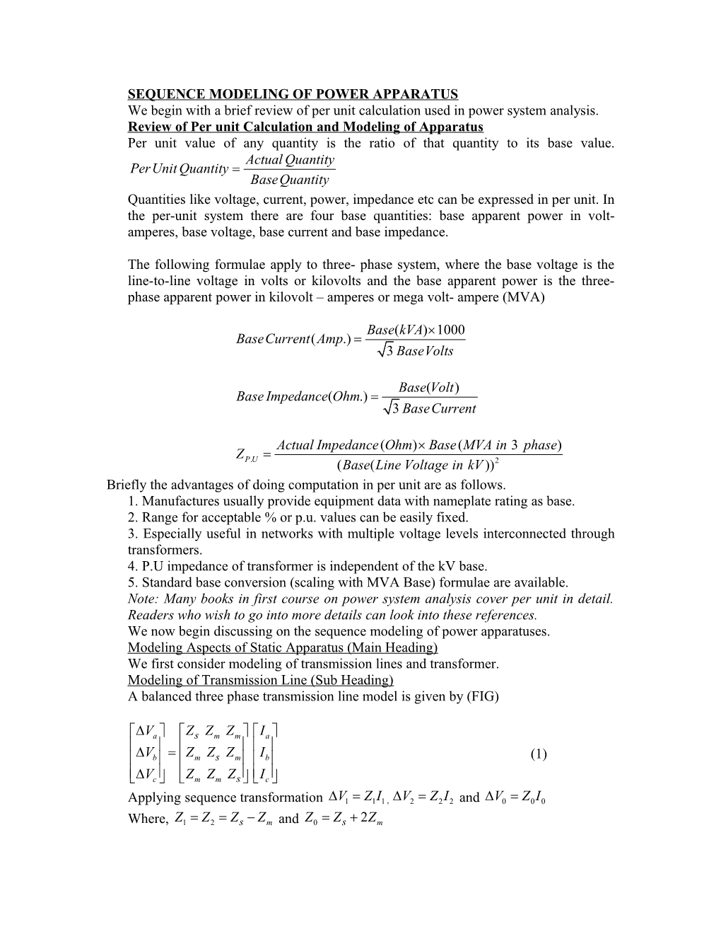 Per Unit Calculation and Modeling of Apparatus