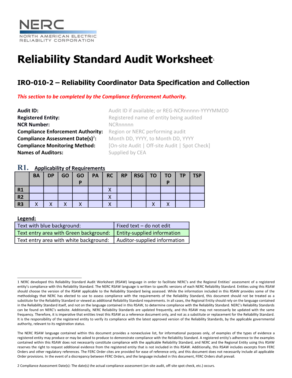 Reliability Coordinator Data Specification and Collection