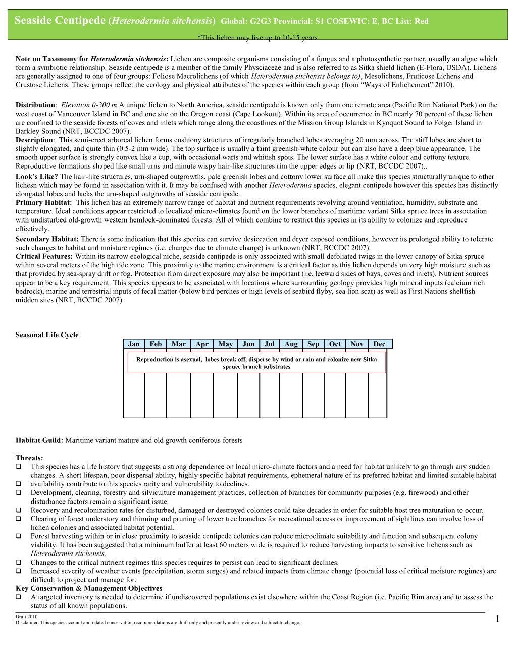 Note on Taxonomyfor Heterodermia Sitchensis: Lichen Are Composite Organisms Consisting