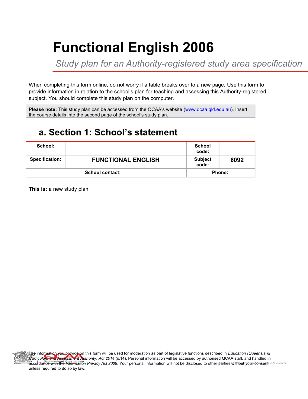 Functional English (2006) Study Plan Template
