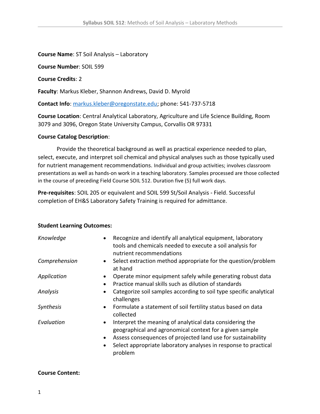 Syllabus SOIL 512 : Methods of Soil Analysis Laboratory Methods