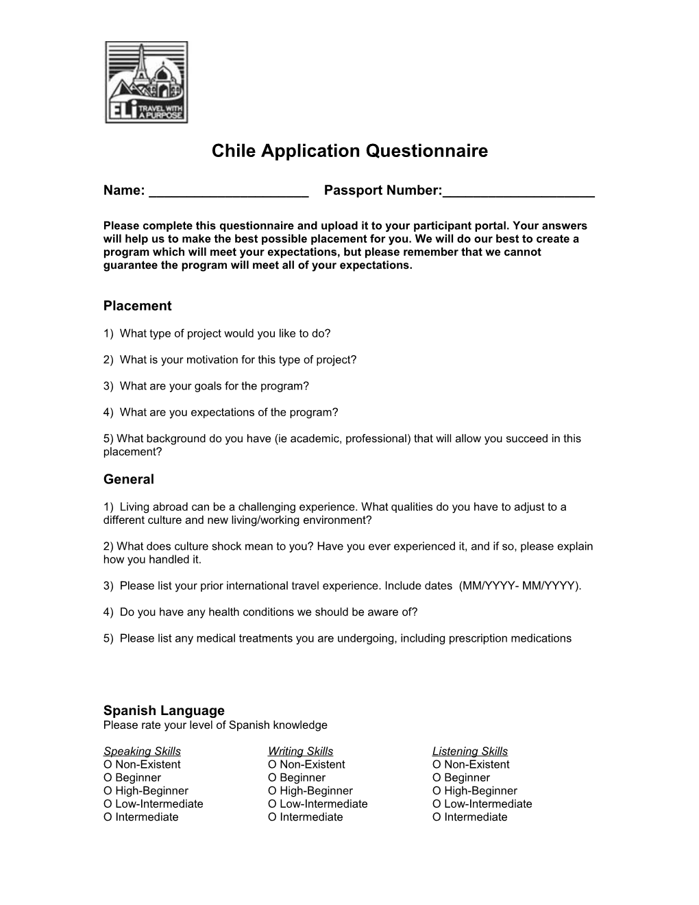 Chile Application Questionnaire