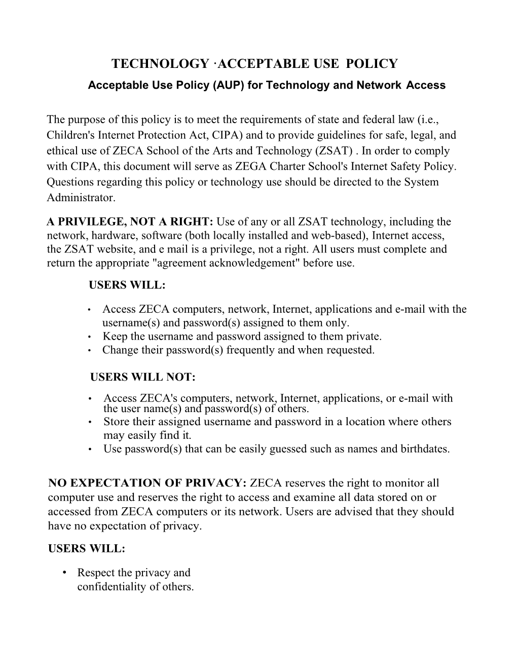 Acceptable Use Policy (AUP) for Technology and Networkaccess