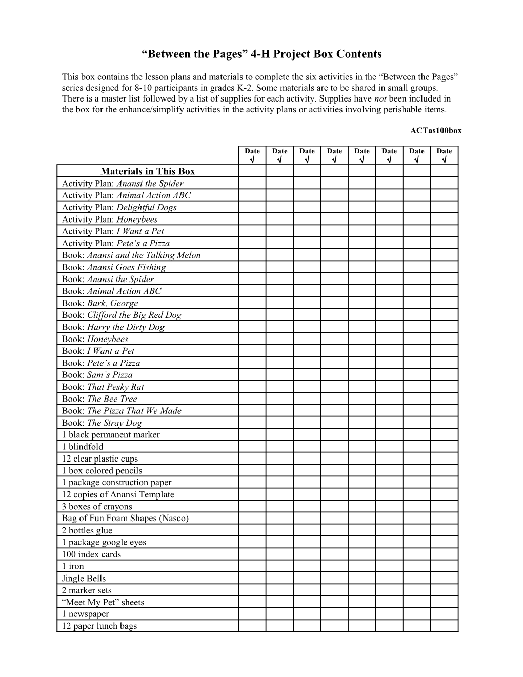 Between the Pages 4-H Project Box Contents