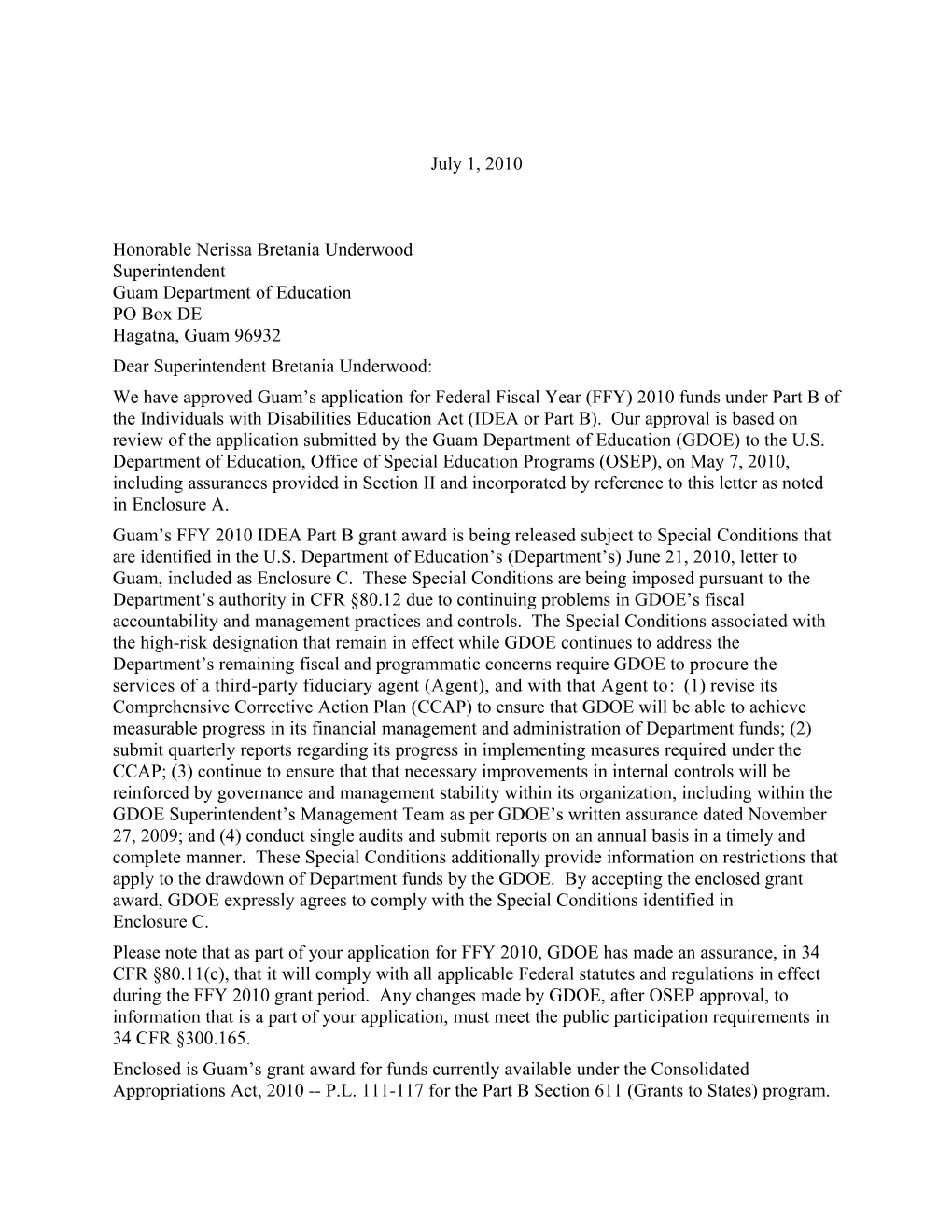 Guam IDEA 2010 Part B Grant Award Letter (MS WORD)