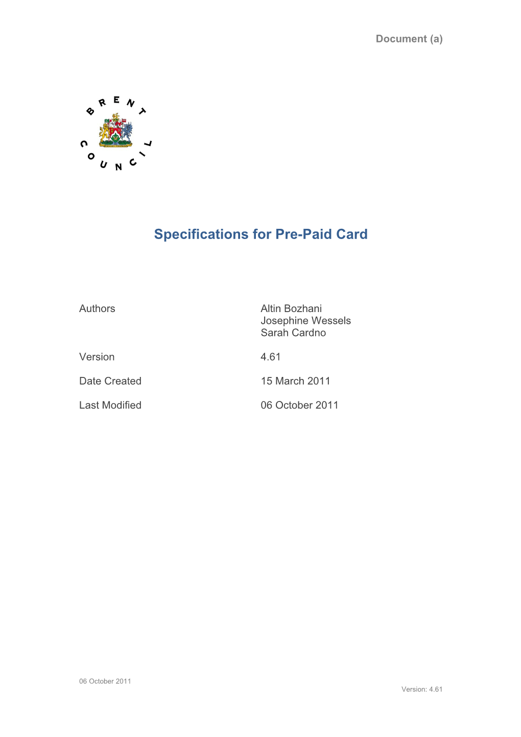 Specifications for Pre-Paid Card