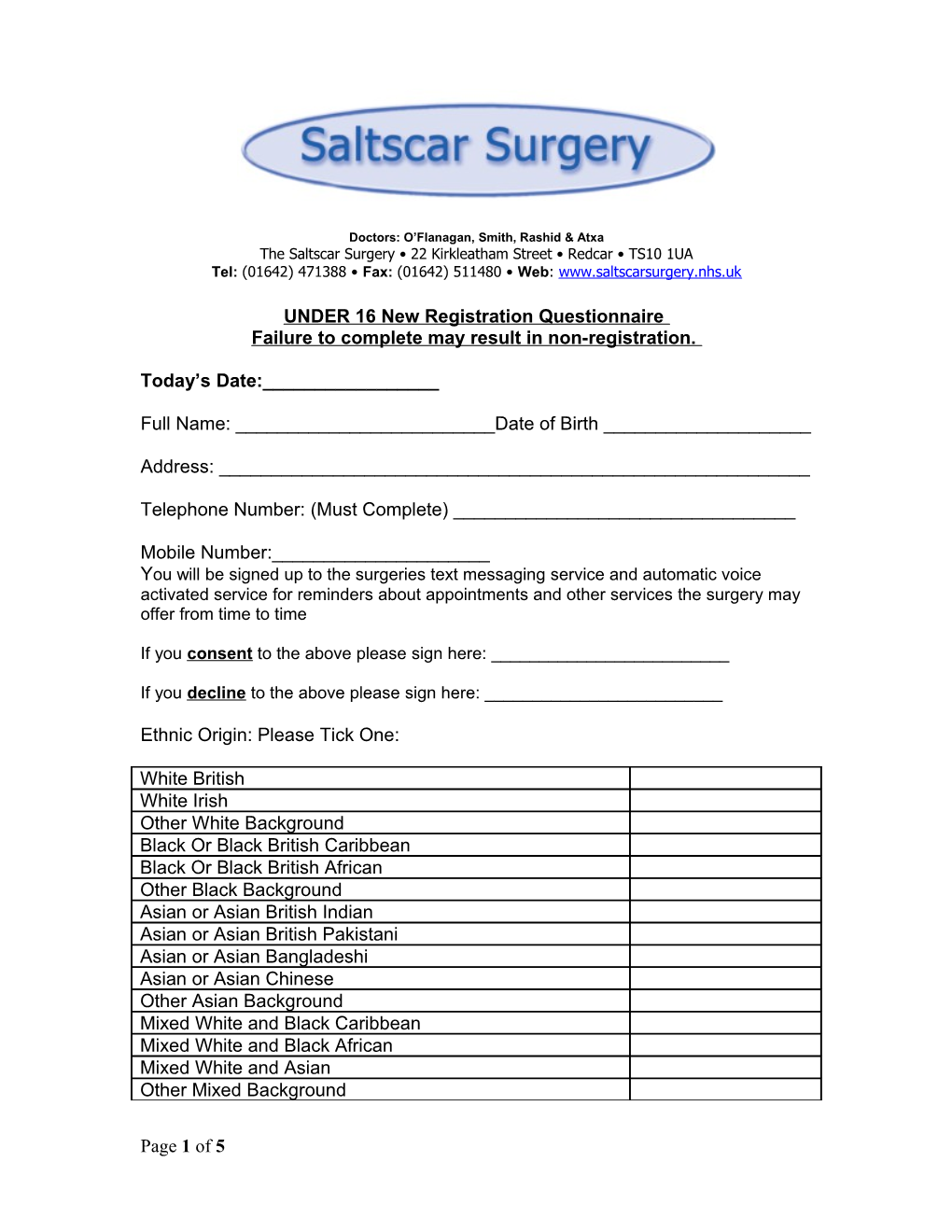 New Registration Questionnaire