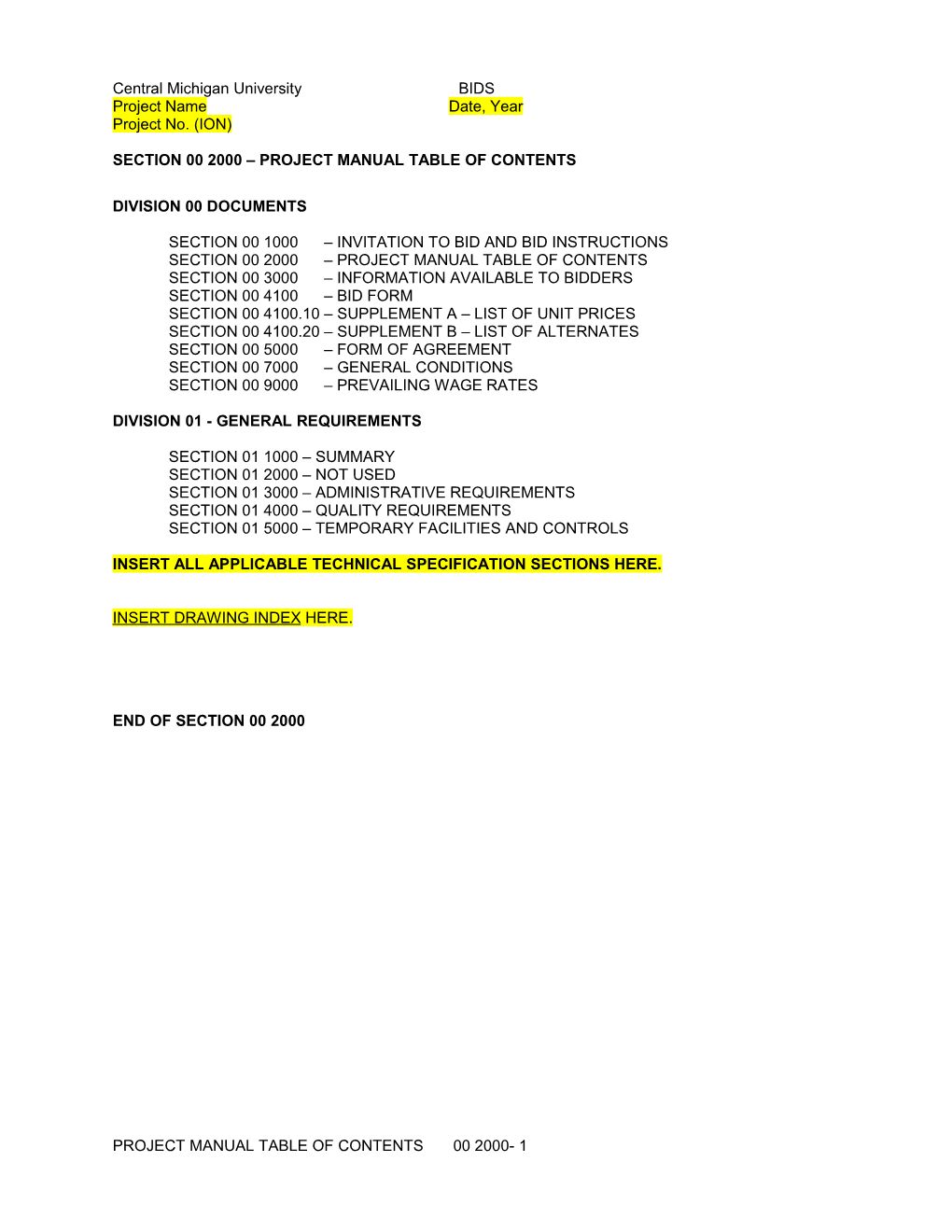 Section 00 2000 Project Manual Table of Contents