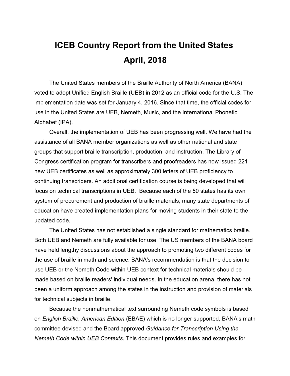 ICEB Country Report from the United States