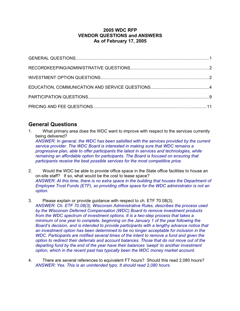 2005 Wdc Rfp Vendor Questions and Answers